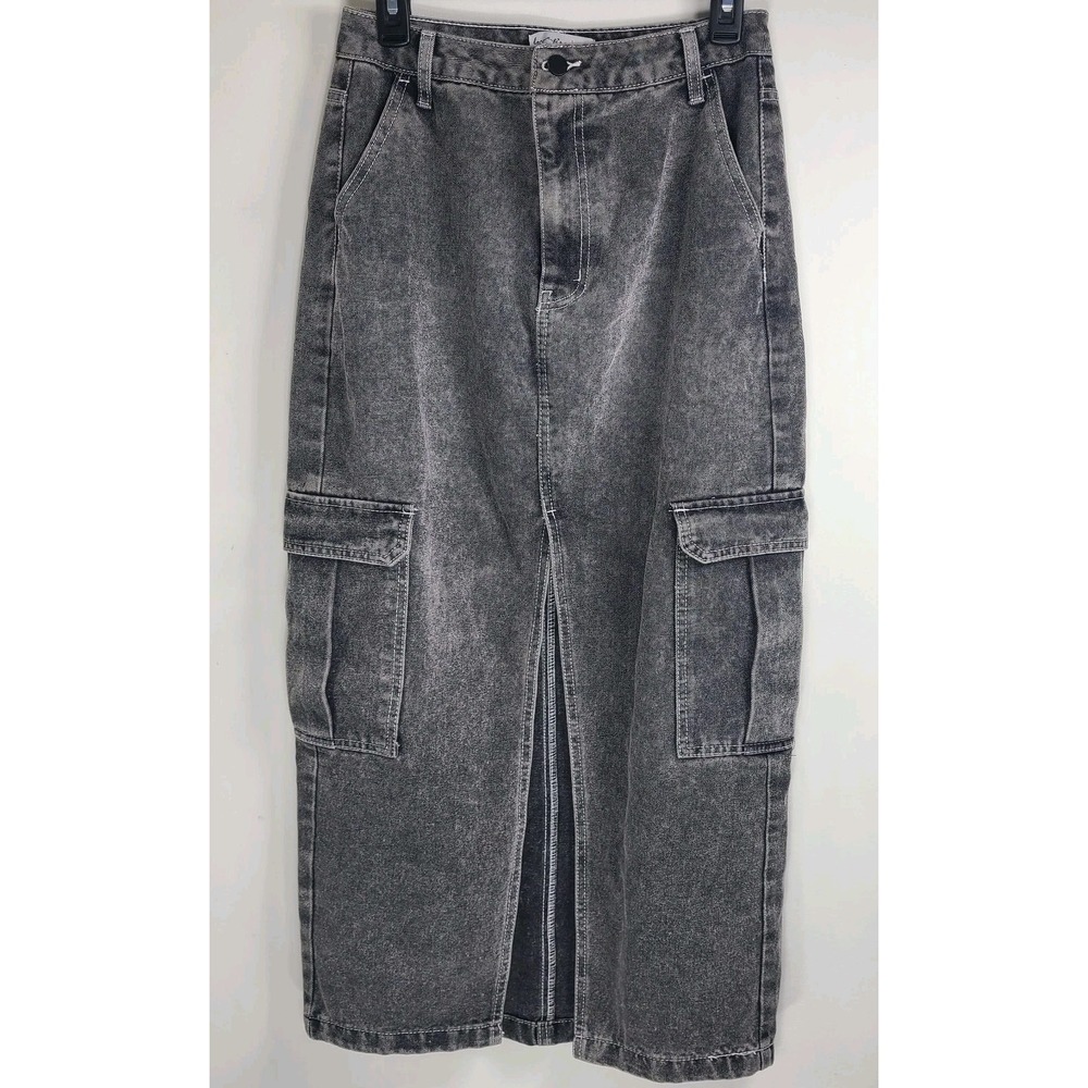 Love, Fire Womens Denim Cargo Maxi Skirt Size 5 Black Wash Long Jean Split Skirt